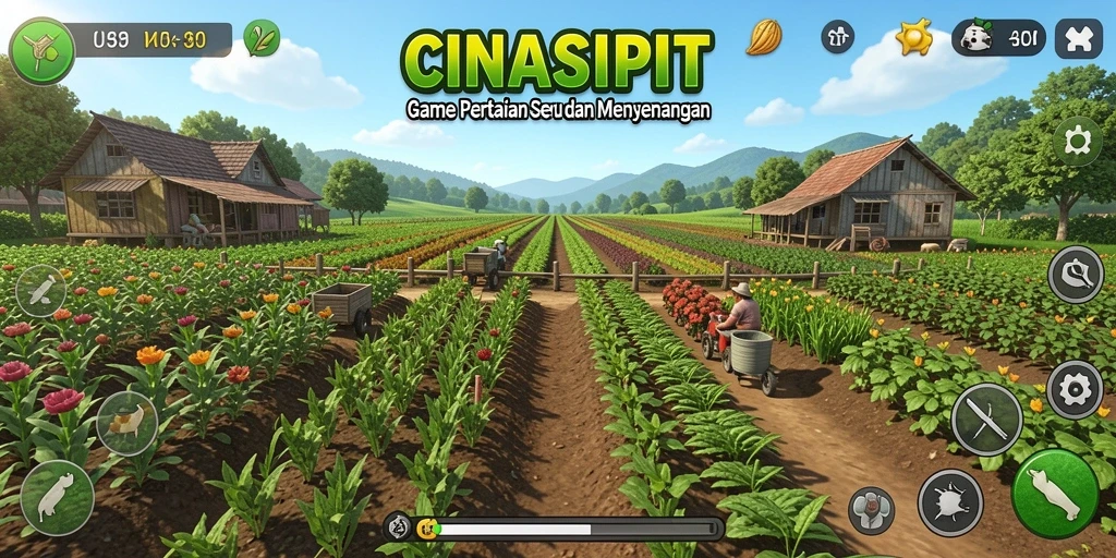Tampilan gameplay <strong>CINASIPIT</strong> yang menunjukkan aktivitas bertani yang seru.