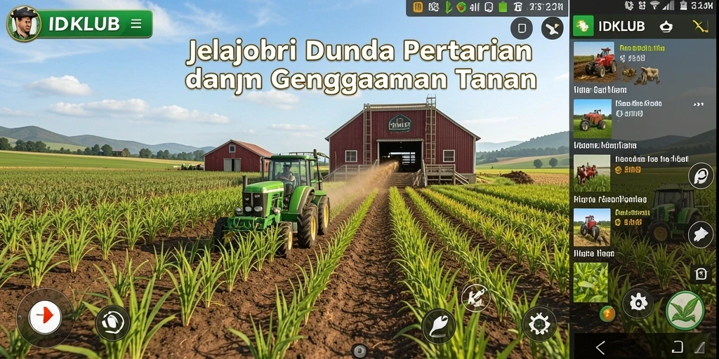 Screenshot gameplay utama IDKLUB menampilkan suasana bertani yang hidup.