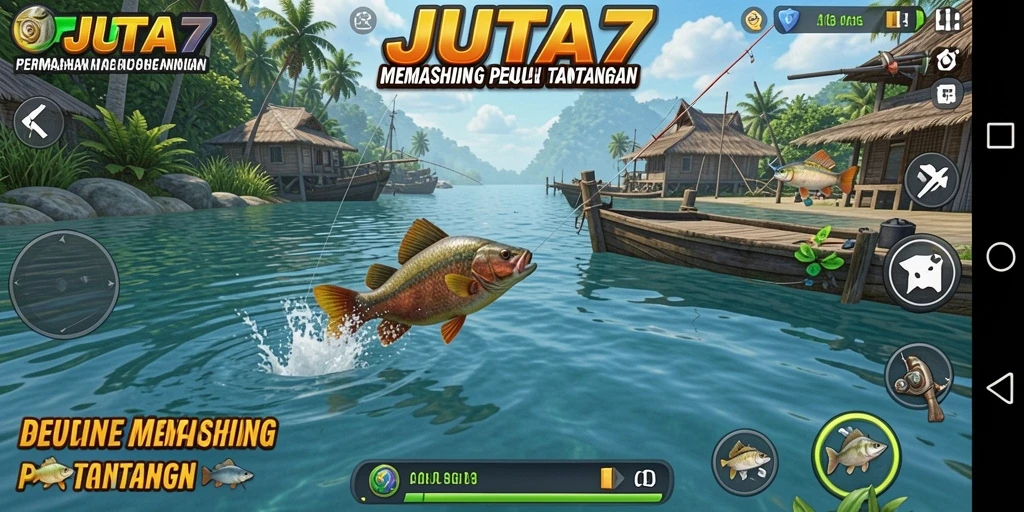 Tampilan gameplay dalam JUTA7 yang menampilkan aksi memancing seru.