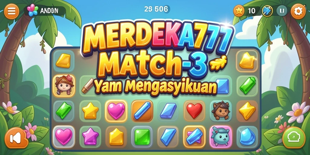 Tampilan gameplay MERDEKA777 yang penuh warna dan seru dalam permainan Match-3.