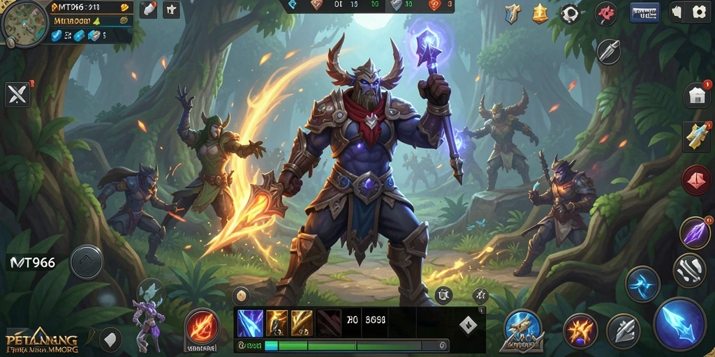 Screenshot gameplay MT966 menampilkan pertempuran epik di dunia MMORPG.