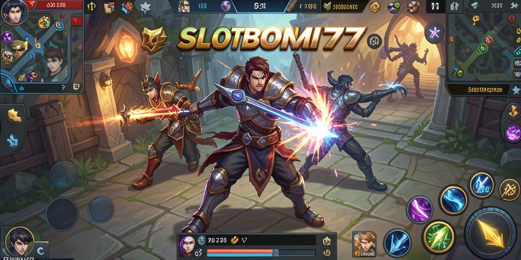 Tampilan gameplay seru di SLOTBOM77 dengan karakter bertarung.