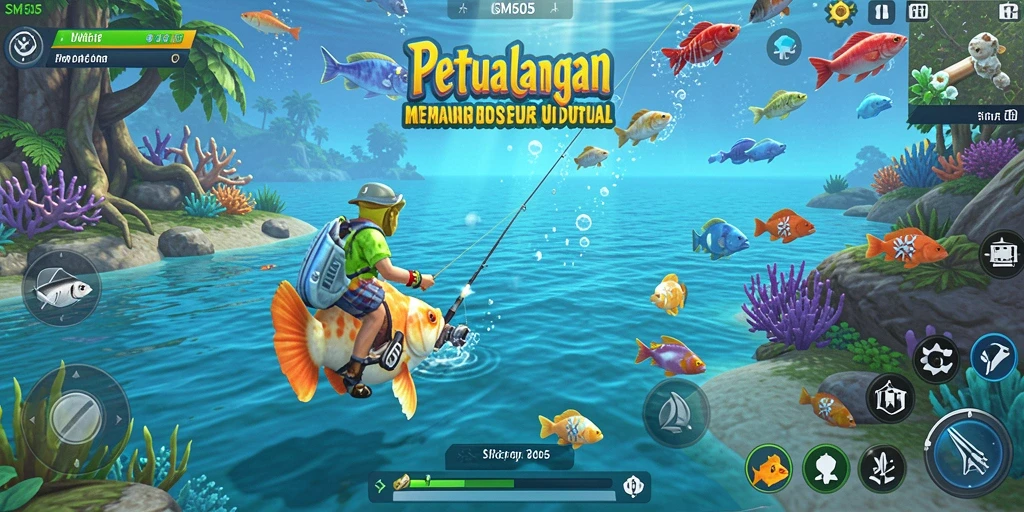 Tampilan gameplay SM605 yang seru saat menangkap ikan di sungai.