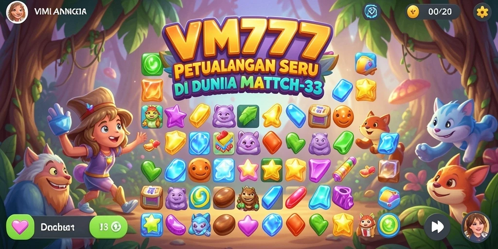 Screenshot gameplay VM777 menampilkan keseruan mencocokkan permata warna-warni.